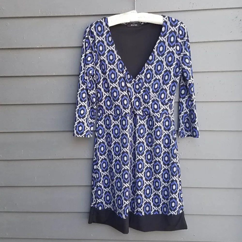 41 Hawthorne Blue Gray Black Faux Wrap Dress see measurements